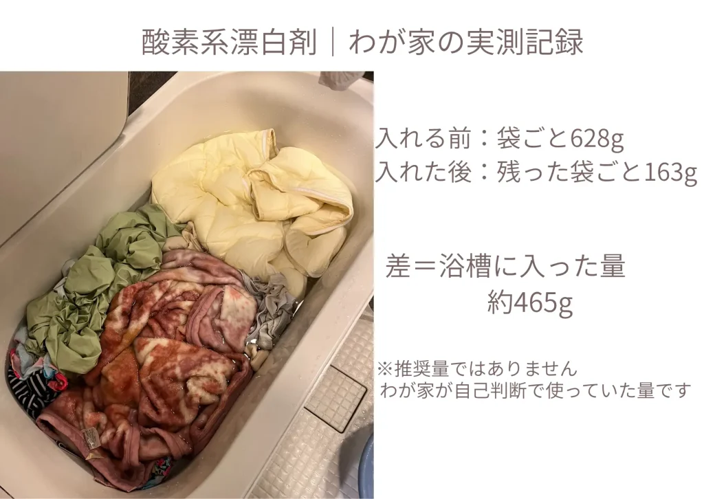 浴槽へ入れた酸素系漂白剤を測り直すと約465gだった実測記録