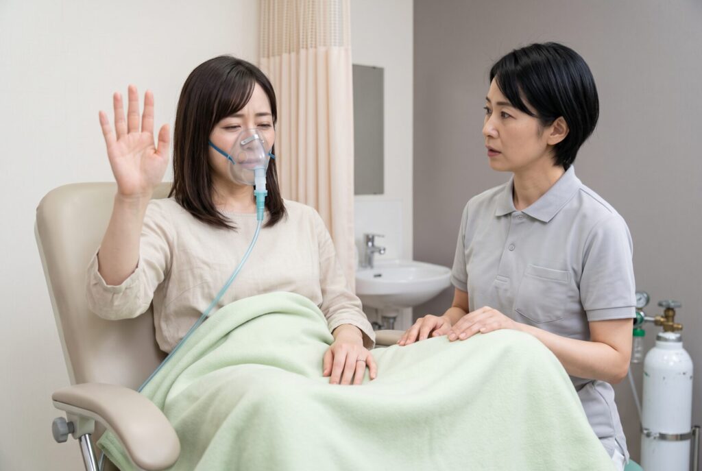 笑気麻酔中に強いめまいを感じ、片手を上げて看護師へ中止を伝える女性のイメージ