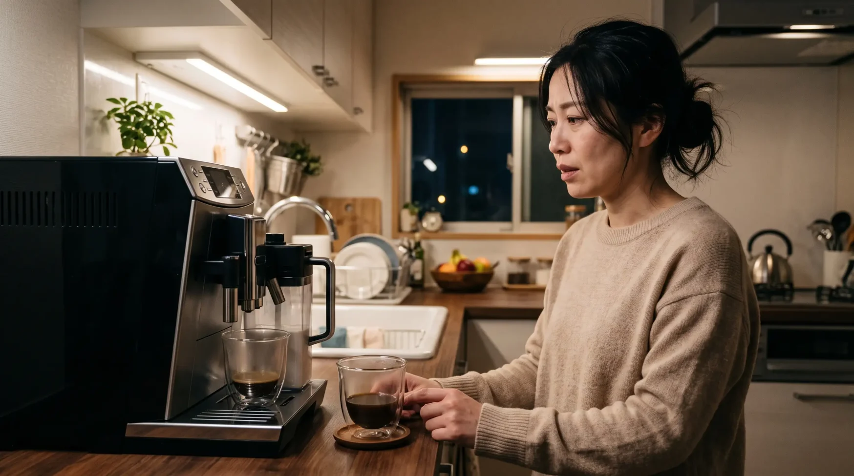 ミルクメニューが動かなくなったコーヒーマシンを困った表情で確認する女性