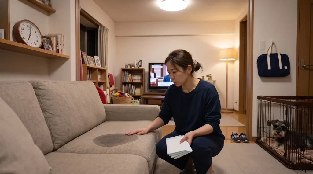 犬がおしっこをしたソファを前に、ペットシートを持って困っている夜の母親