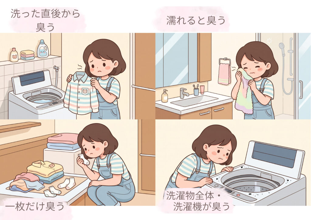 洗った直後、濡れた時、特定の衣類、洗濯機全体という4つの臭いの状況を示すイラスト