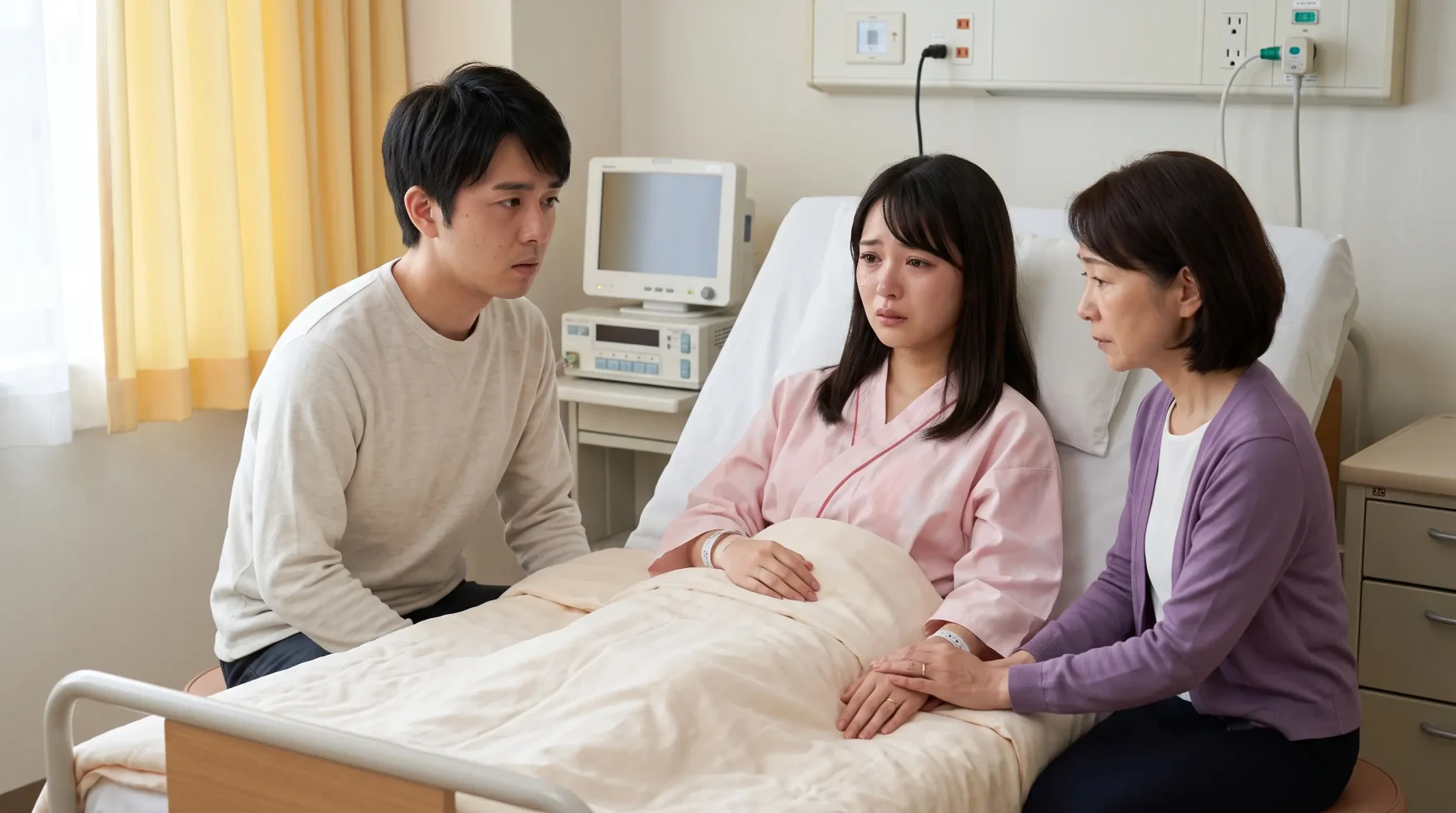 病院のベッドで不安そうに過ごす女性に、夫と母が寄り添うイメージ図