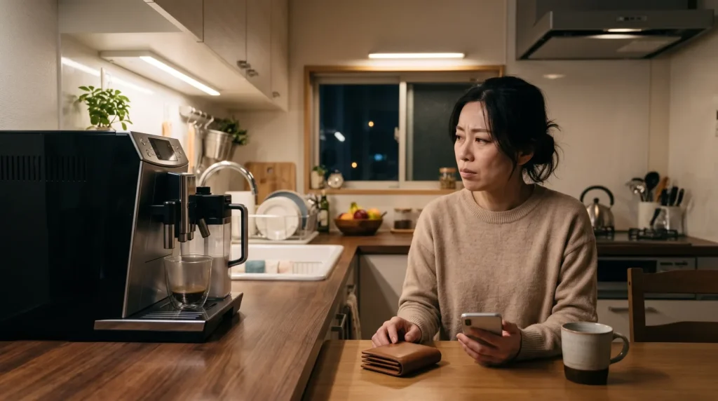 コーヒーマシンの修理案内を見ながら費用について静かに悩む女性