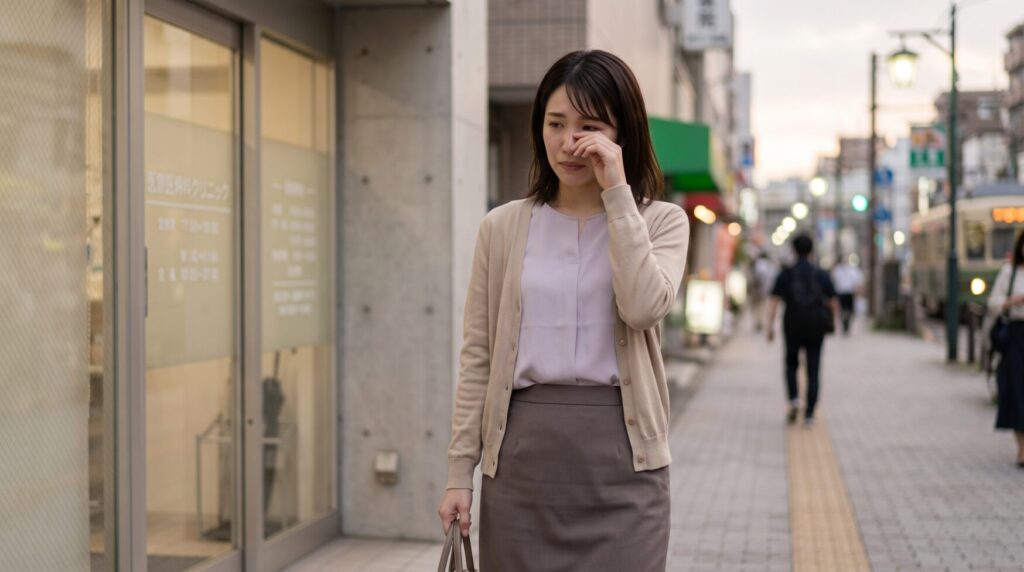 仕事帰りの婦人科受診後、ビルの外で目元を拭う女性のイメージ