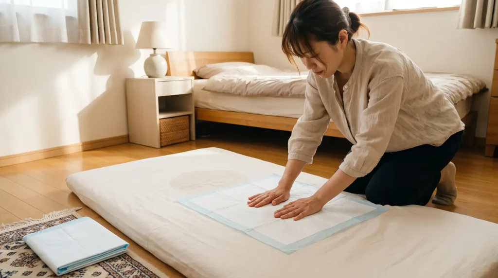 おねしょで濡れた敷布団にペットシートを当てて両手で水分を吸わせる母親