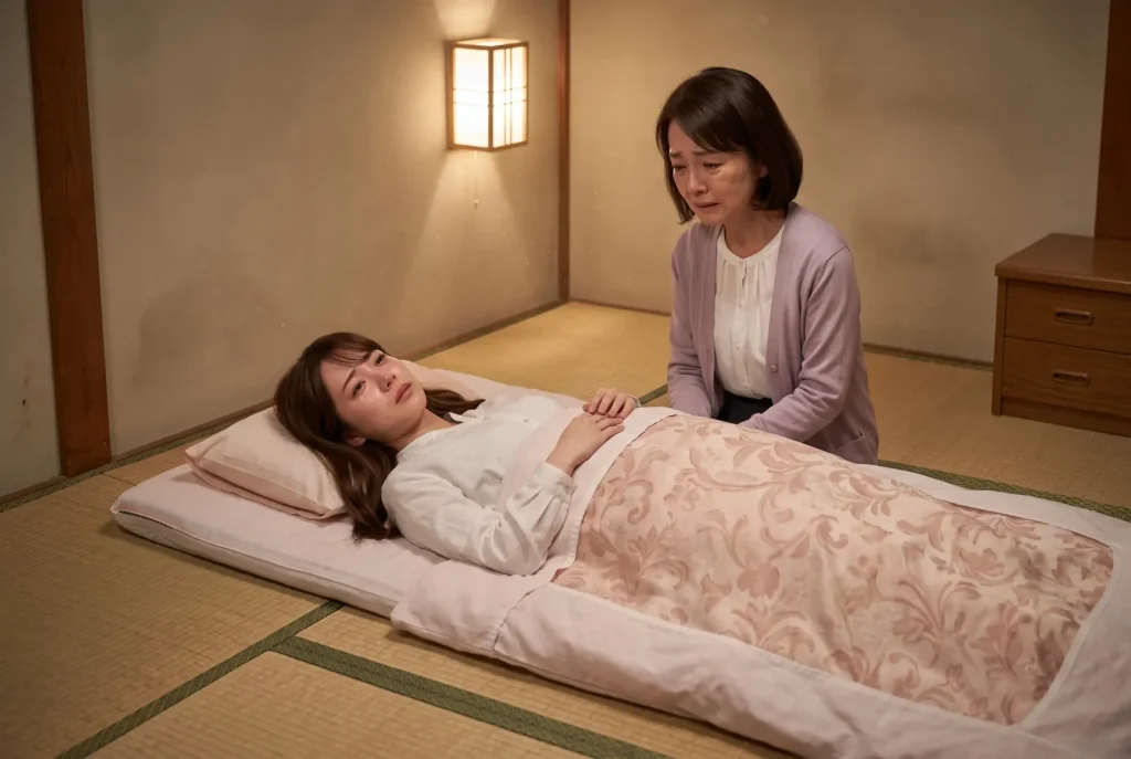 畳の部屋で横になり涙を浮かべる女性に、母がそばで寄り添うイメージ図