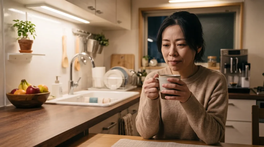 一日の家事と育児を終え、夜のダイニングで静かにカフェラテを飲む女性