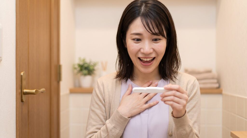 自宅で妊娠検査薬を手にし、驚きとうれしさが表情に浮かぶ女性のイメージ