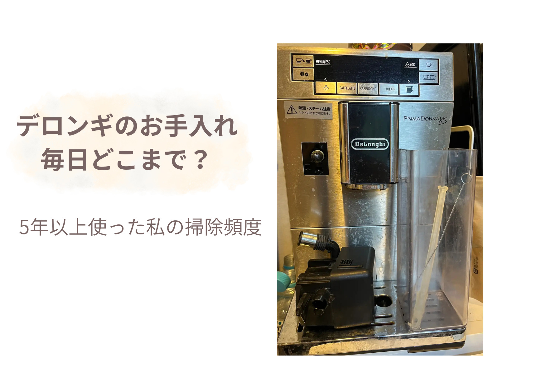 5年以上使用したデロンギ プリマドンナXSの実機と取り外した部品。「デロンギのお手入れ 毎日どこまで？」と書かれたアイキャッチ画像