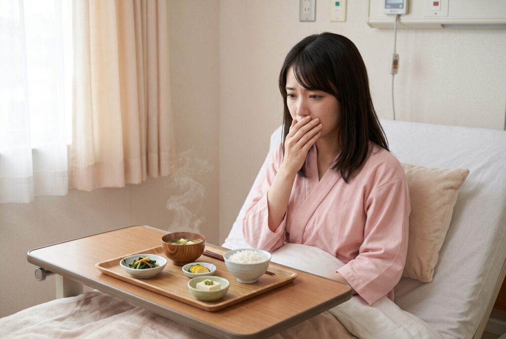 病室のベッドで食事を前に、気持ち悪そうに口元へ手を添える女性のイメージ図