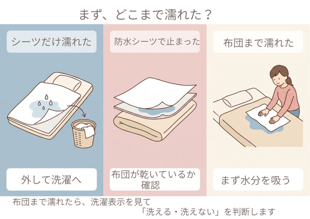 おねしょがシーツ、防水シーツ、布団のどこまで濡れたかで対処を分ける判断図