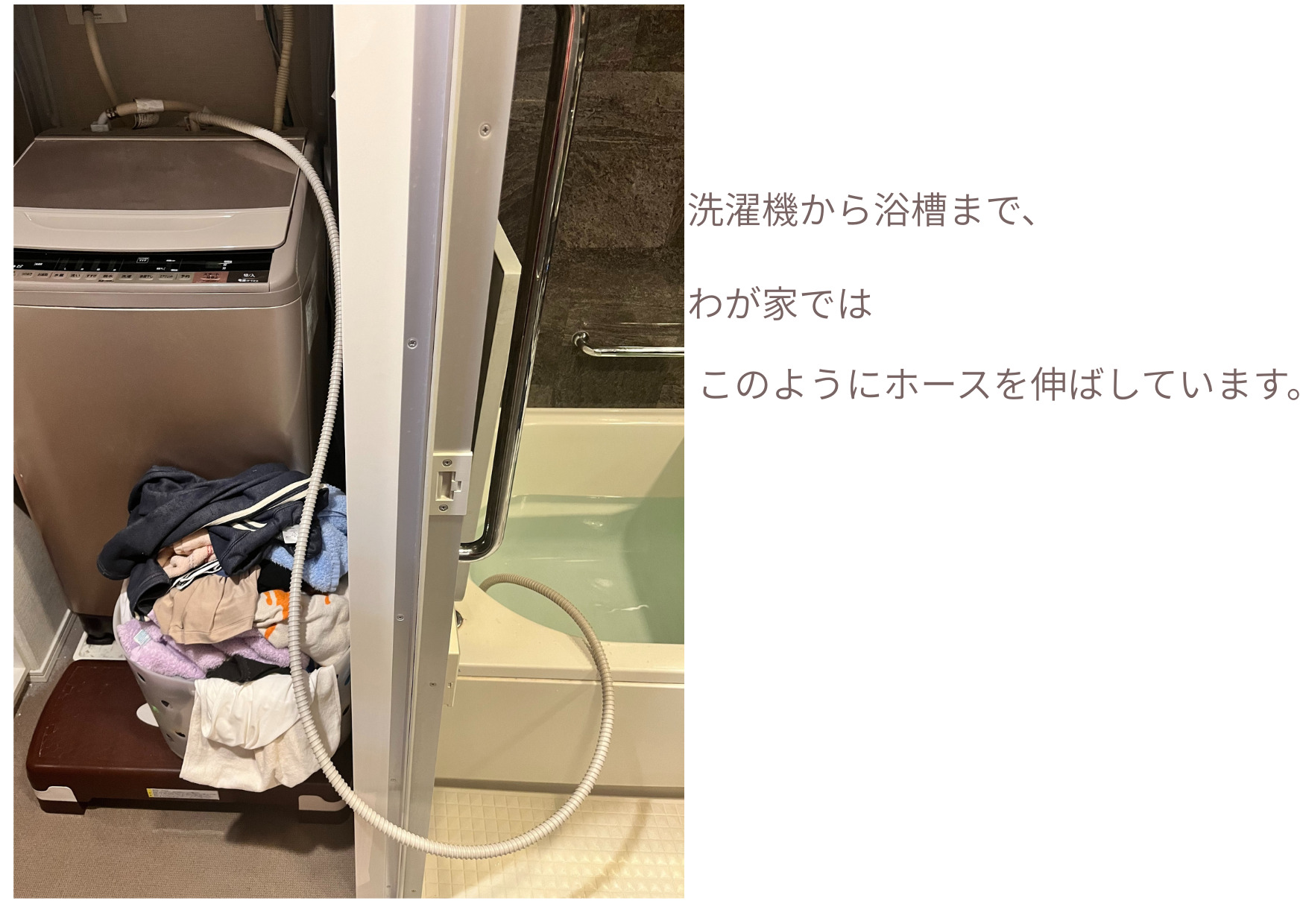 日立の縦型洗濯機から浴槽までお湯取ホースを伸ばした洗面所の全体像