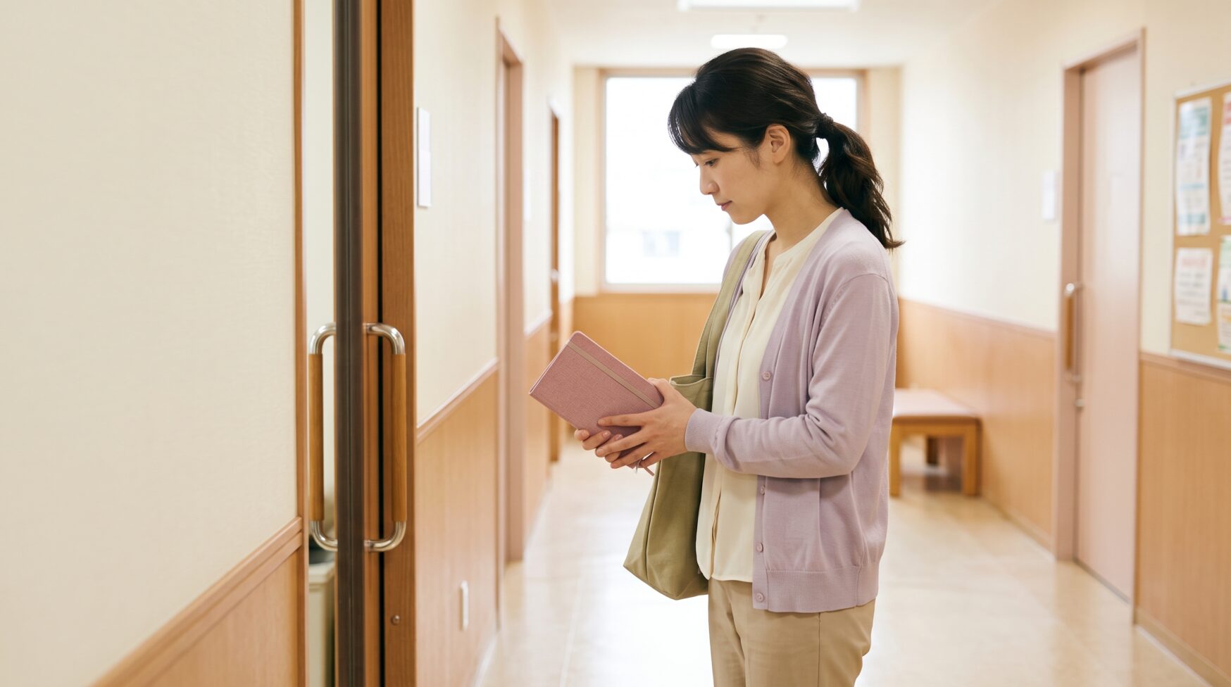 子宮内膜ポリープの日帰り手術を前に、ノートを持って診察室の前で立ち止まる女性のイメージ