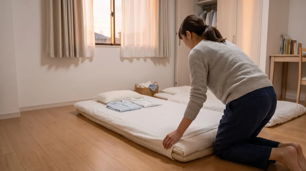 洗って乾かした敷布団へシーツを掛けて整える母親
