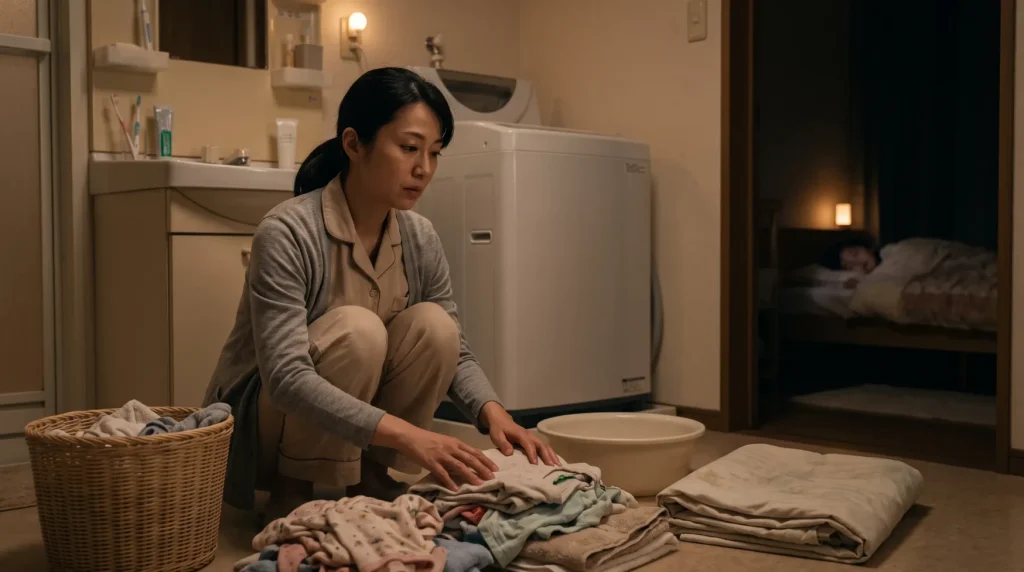 深夜の洗面所で、子どもの汚れたシーツや衣類をひとりで分けている母親