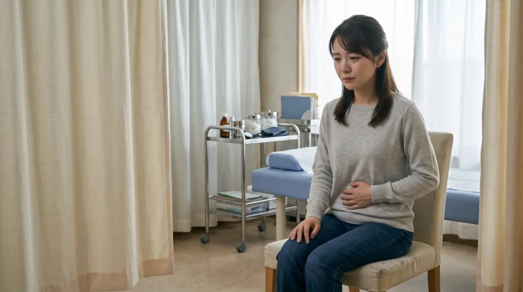 子宮体がん検査を前に、診察室で不安そうにお腹へ手を添える女性