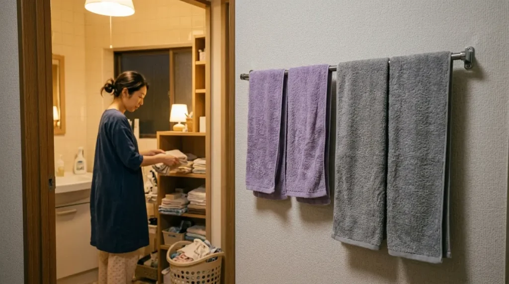 2年使った紫のタオルと新しいグレーのタオルが一緒に干された、家族のお風呂上がりの風景