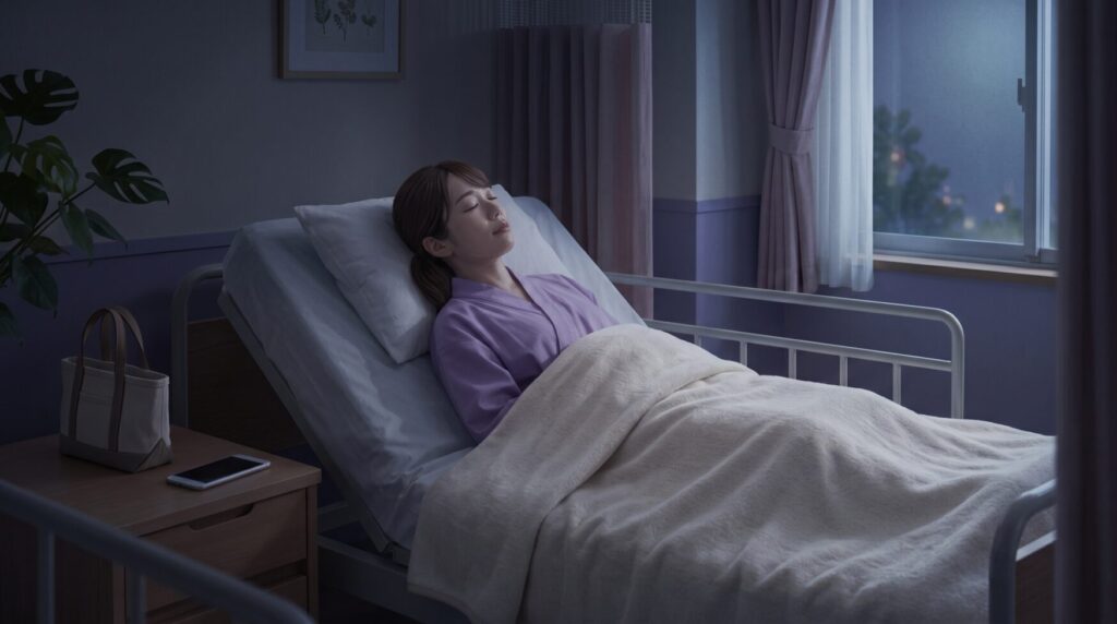 子宮内膜ポリープ手術後、消灯した病室で朝を待つ女性のイメージ