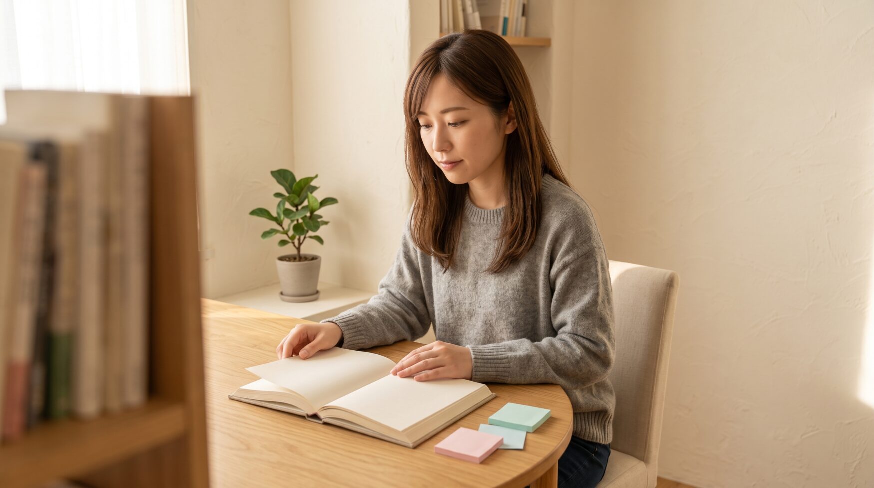 ノートを開き、婦人科の検査や手術の経験を振り返る女性のイラスト