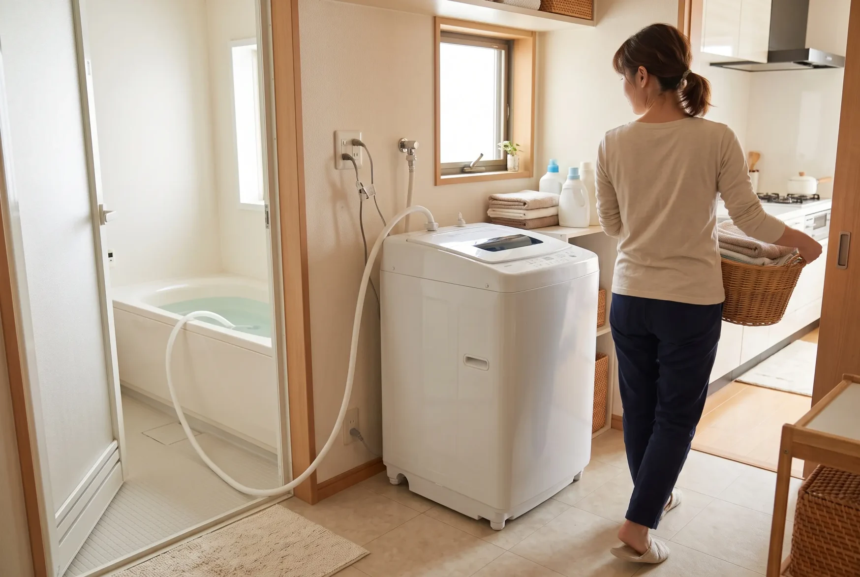 お湯取ホースをつないだ洗濯機へ洗濯を任せ、洗濯かごを持って次の家事へ向かう母親