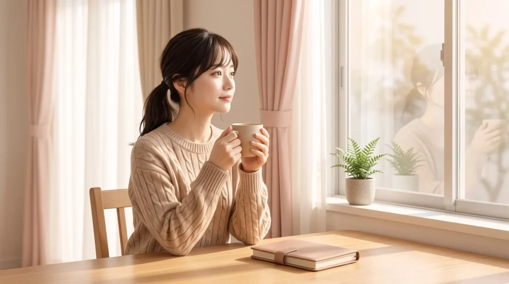 子宮内膜ポリープの手術経験を振り返り、自宅の窓辺で穏やかに過ごす女性のイメージ