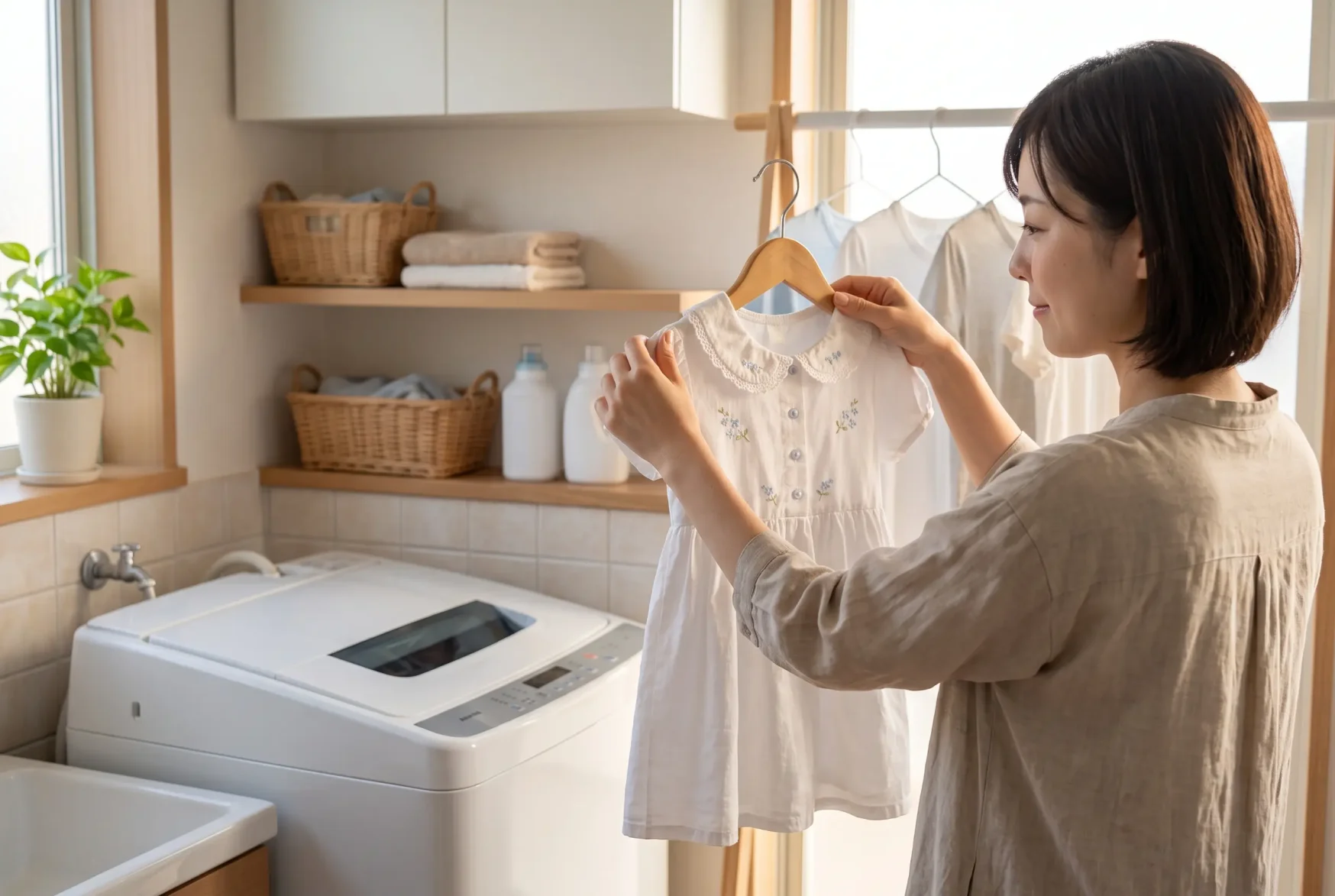 縦型洗濯機のそばで、きれいになった子どもの白いワンピースを穏やかな表情で干す母親