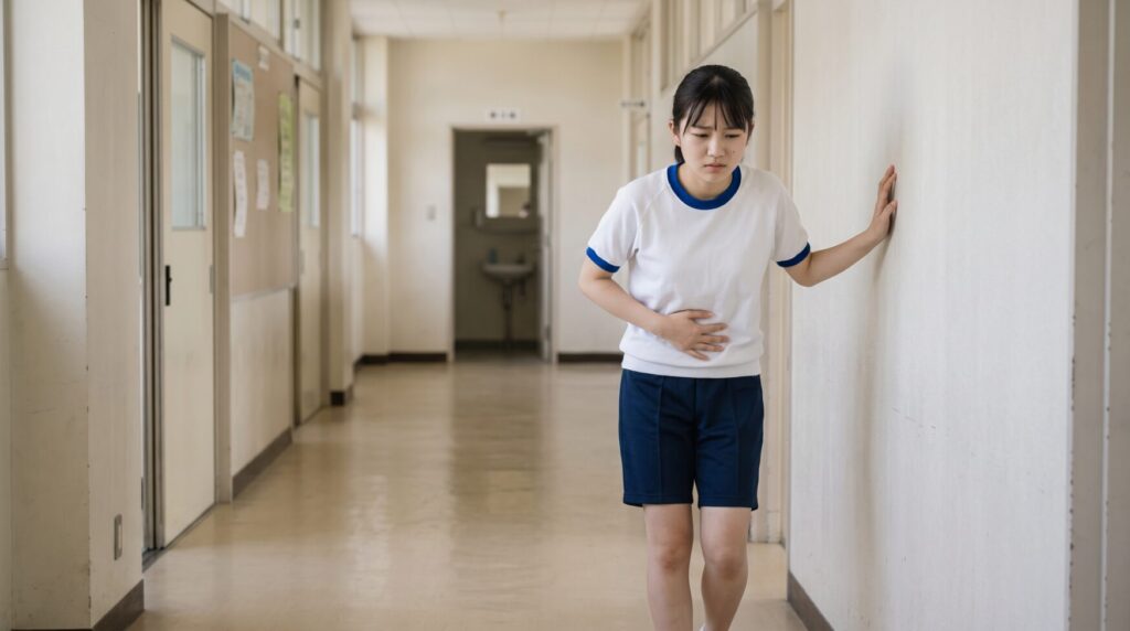 生理痛で下腹部を押さえながら学校の廊下を歩く女子中学生の再現イメージ