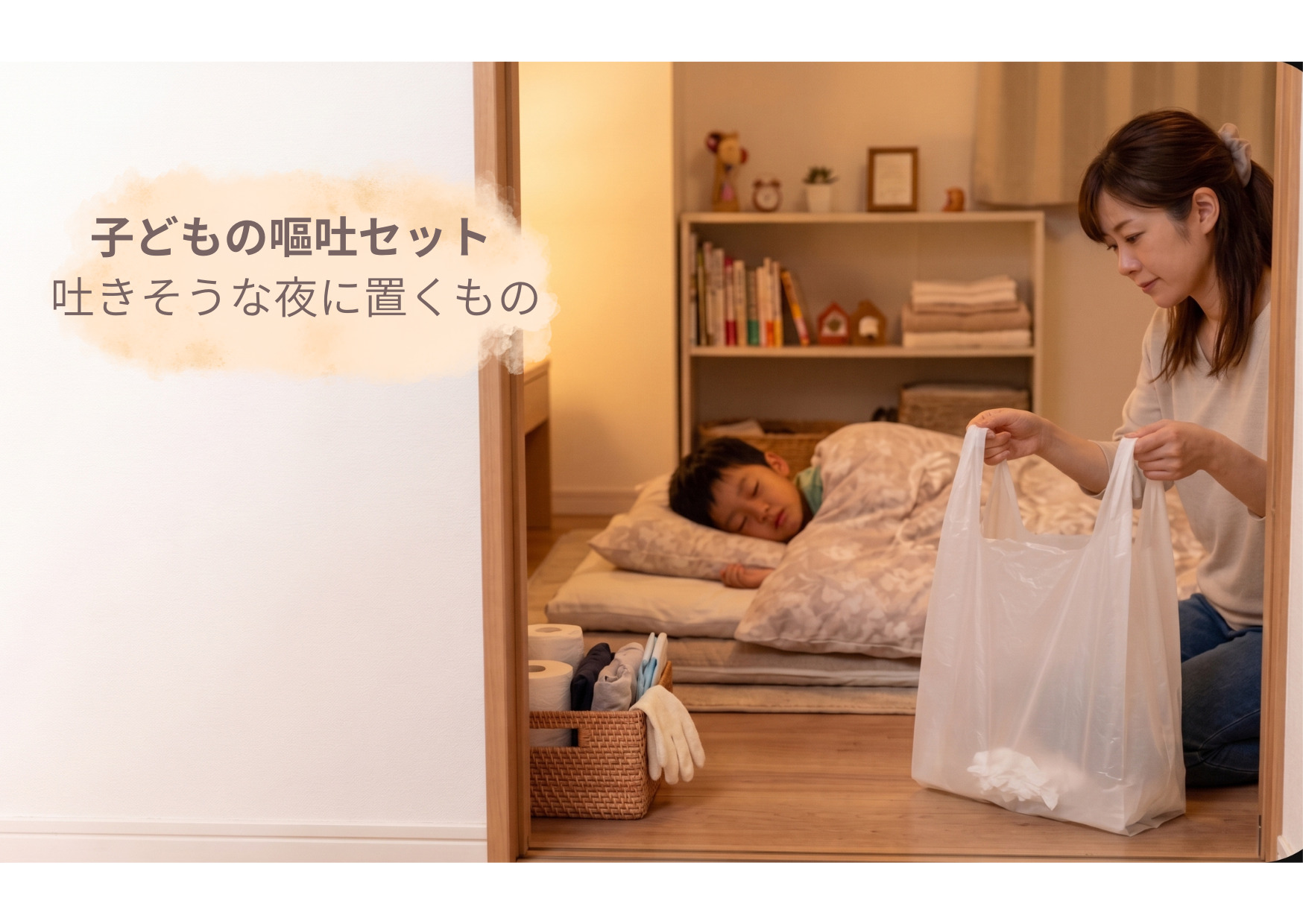 吐きそうな夜に備え、トイレットペーパーを入れた嘔吐用の袋を準備する母親