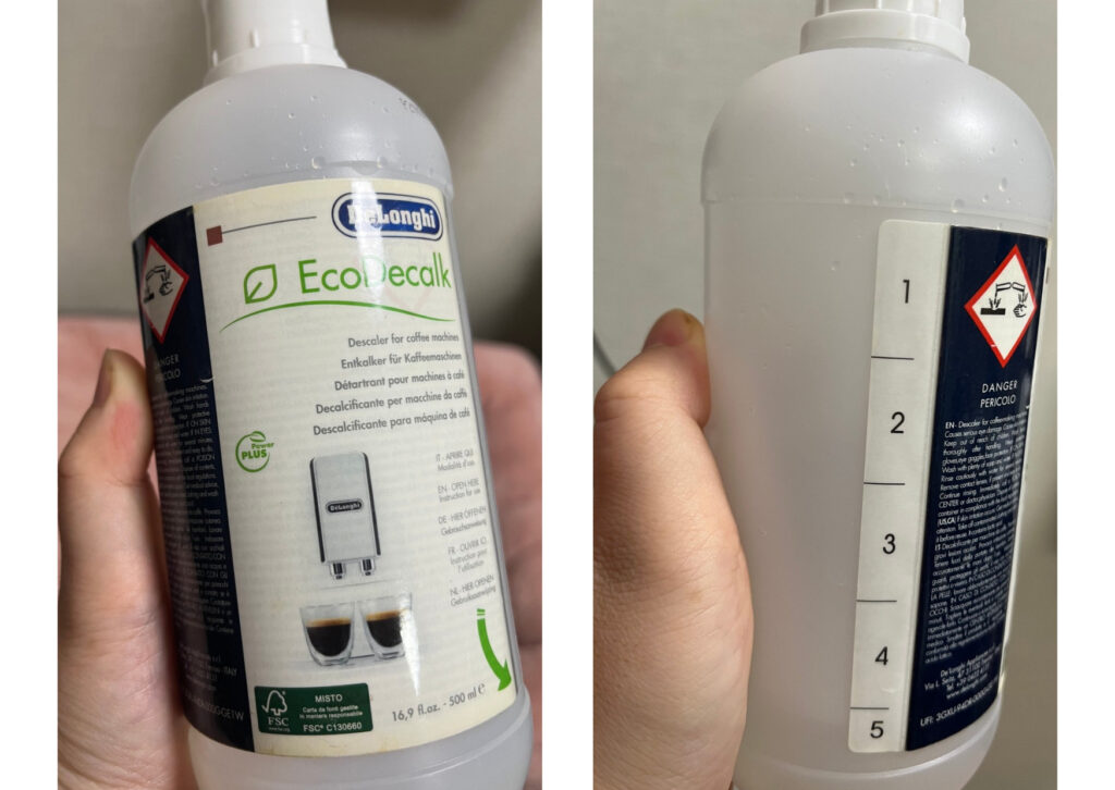 わが家でストックしているデロンギ除石灰剤DLSC500と側面の5回分の目安ライン
