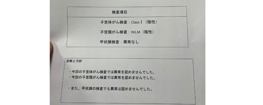 2026年1月の子宮体がん検査結果報告書でClass I陰性と記載された部分