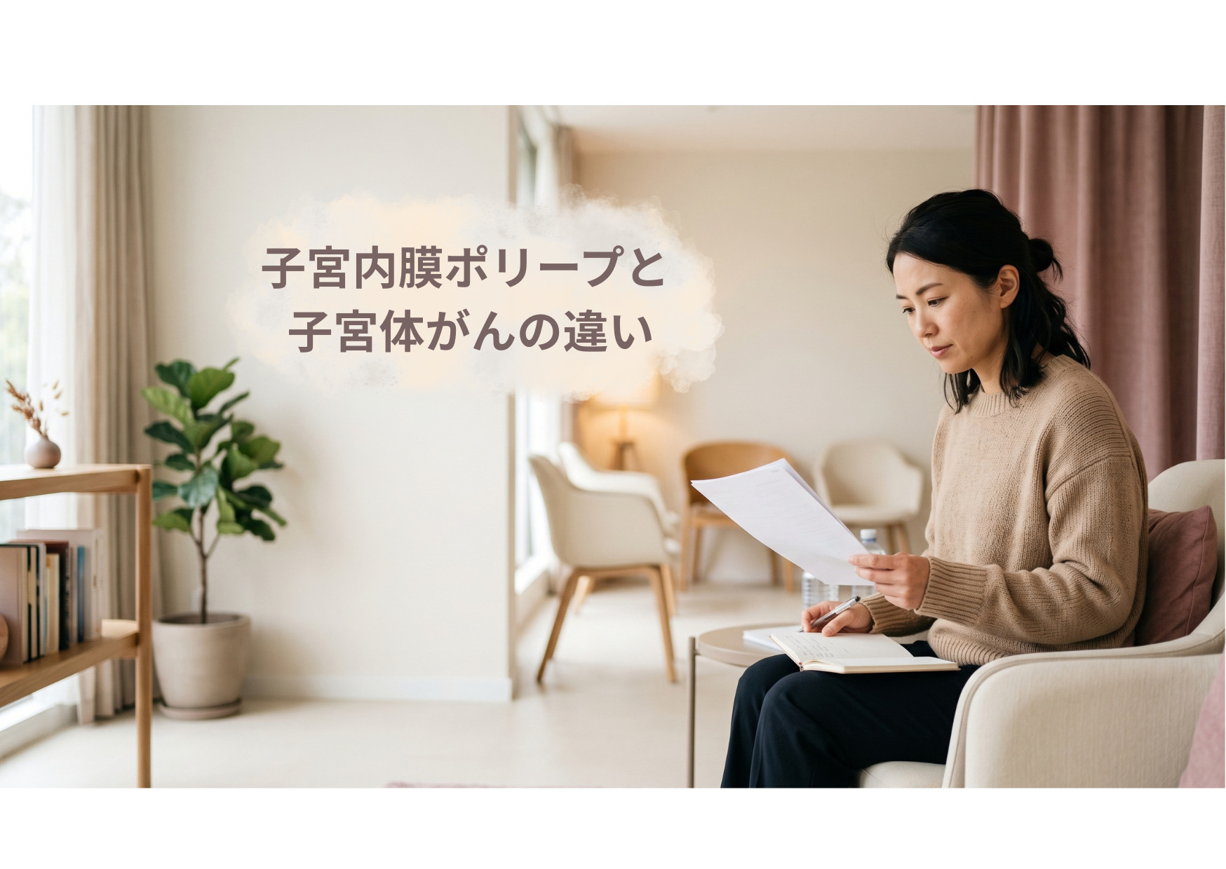 子宮内膜ポリープと子宮体がんの違いを調べる女性のアイキャッチ画像