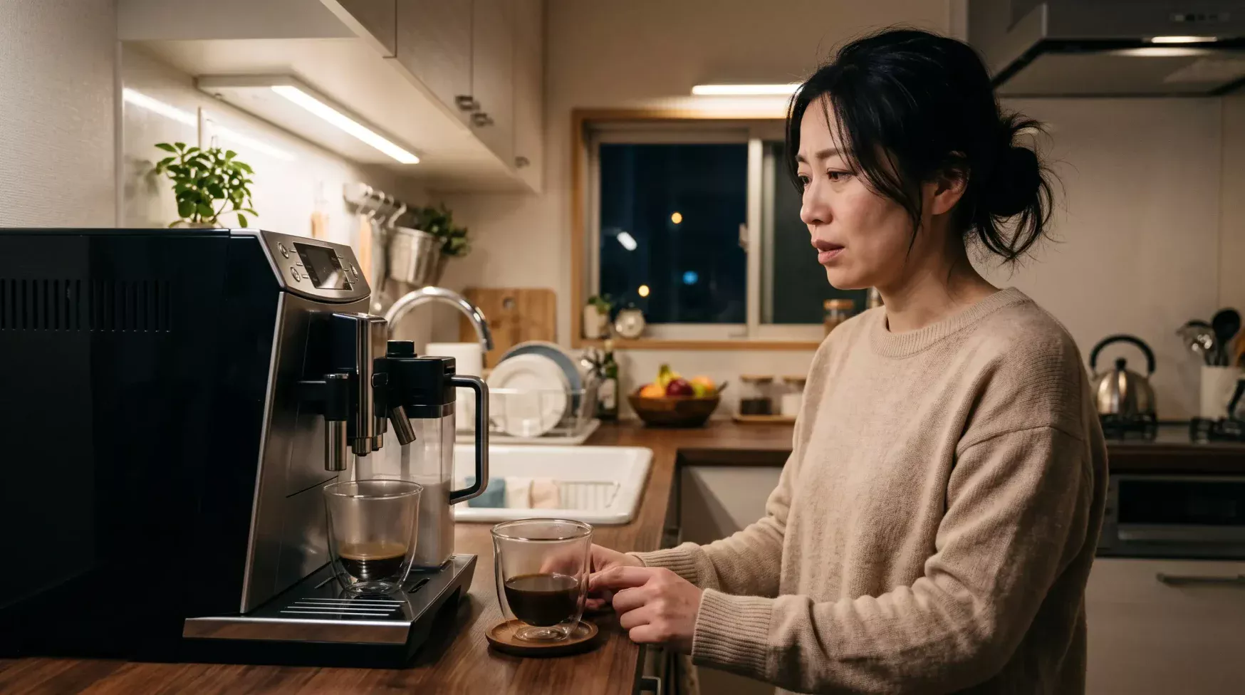 ミルクメニューが動かなくなったコーヒーマシンを困った表情で確認する女性