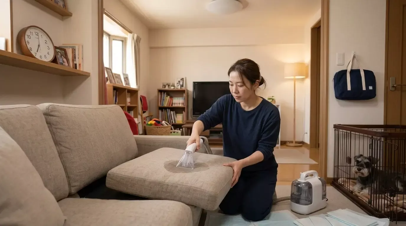 犬がおしっこをした布製ソファをリンサークリーナーで掃除する女性
