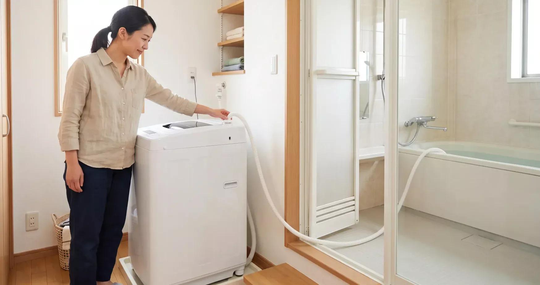 日立の縦型洗濯機と浴槽をお湯取ホースでつなぎ、接続を確認する母親