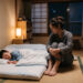 A tired Japanese mother sitting beside her sleeping child at night, with the title asking when vomit smell disappears and how moms can handle laundry without breaking down.