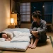 深夜に子どもが布団で吐いたあと、洗濯物を前に疲れたママが座っている様子