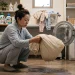 洗濯機から取り出した防水シーツが脱水後もびちょびちょで、床に水が落ちて困っているママの様子